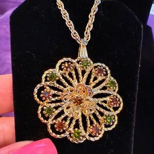 Elegant Gold and Multi Color Stone Pendant Necklace, 24”